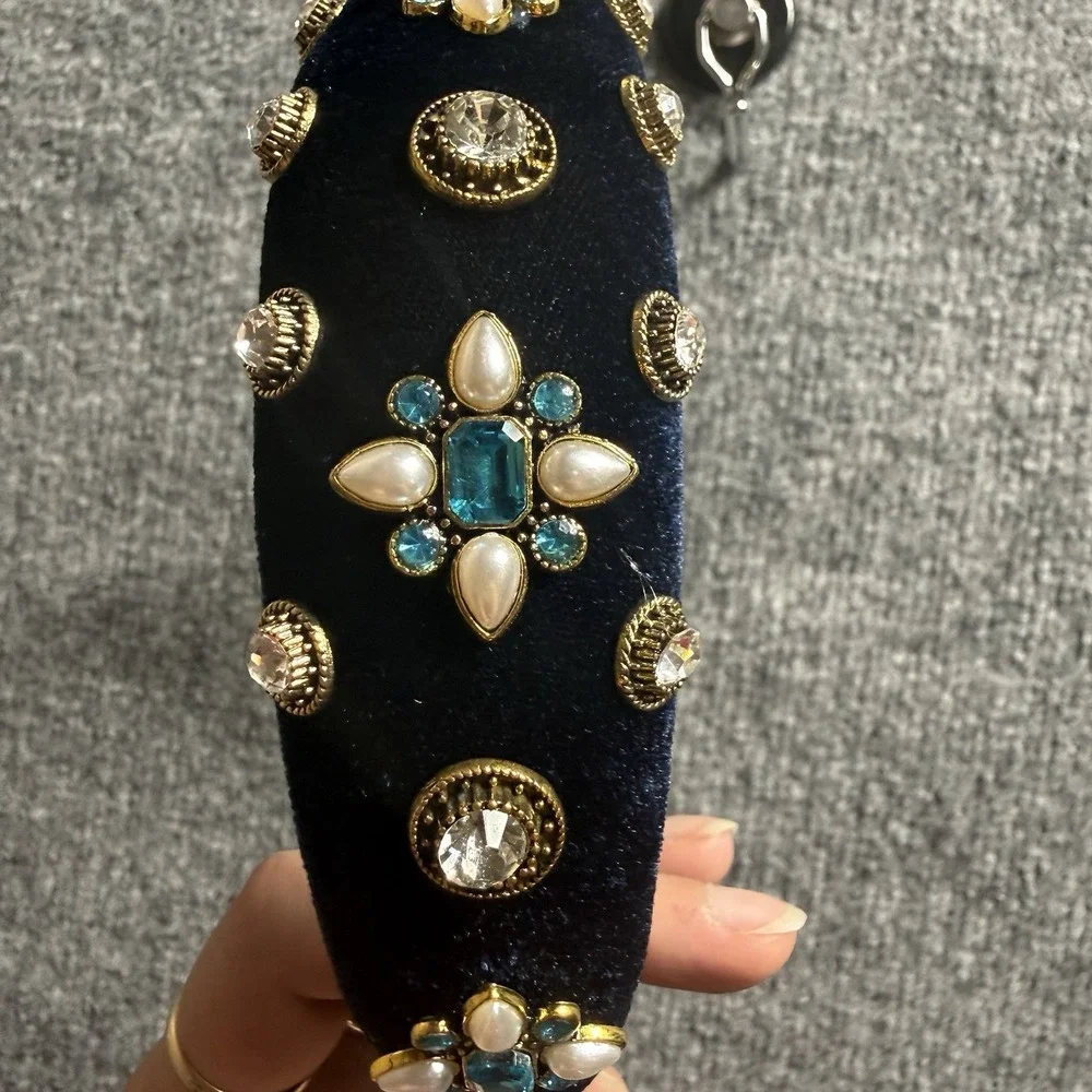 Baroque Velvet Padded Headband Black Gold Crystal Studded Gem Statement Piece